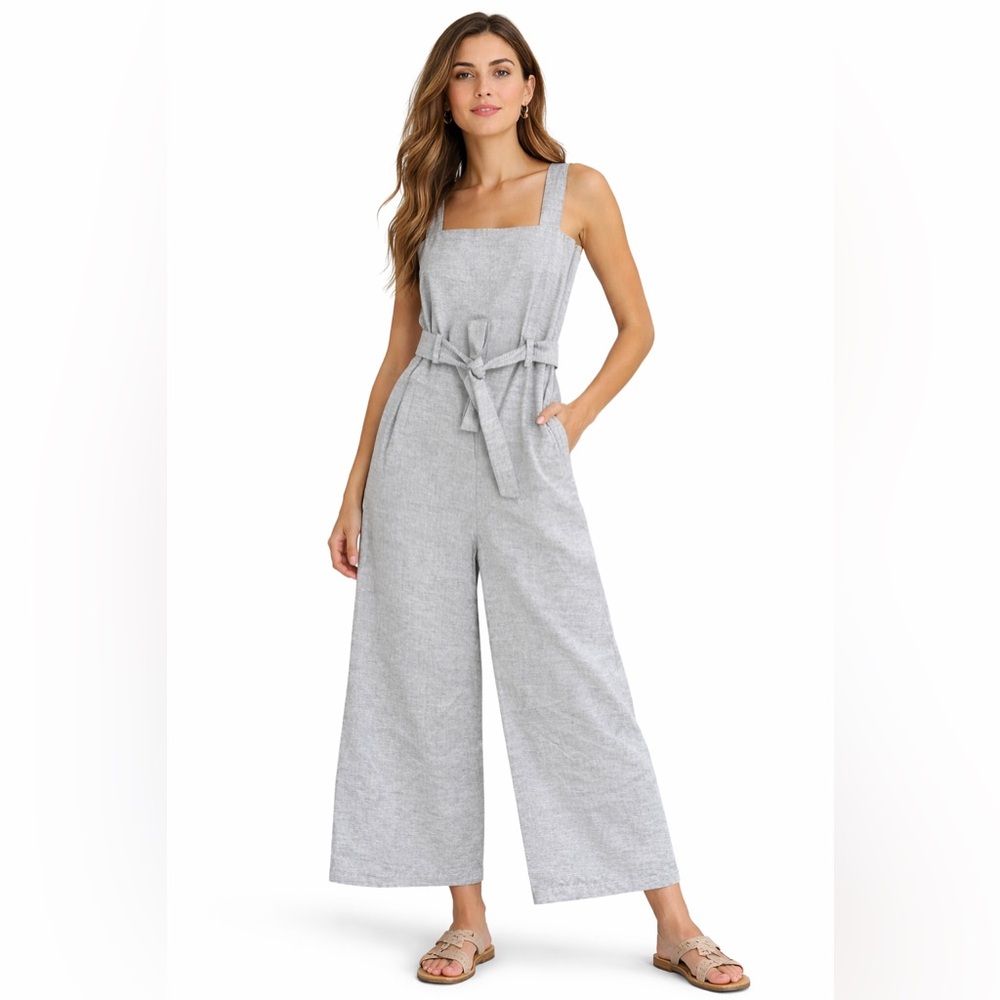 People Tree Organic Cotton Gray Wide-Leg Jumpsuit Belted Size 8